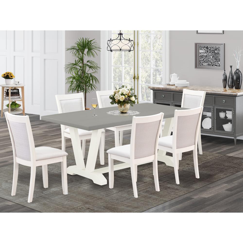 East West Furniture 7-Pc Dining Set Consists of a Dining Room Table and 6 Cream Linen Fabric Dining Room Chairs with Stylish Back - Wire Brushed Linen White Finish. Picture 2