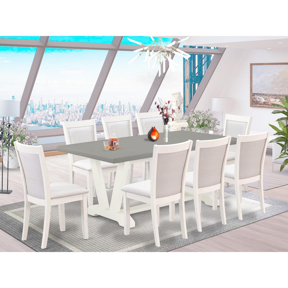 East West Furniture 9-Pc Modern Dining Table Set Consists of a Rectangular Table and 8 Cream Linen Fabric Dining Room Chairs with Stylish Back - Wire Brushed Linen White Finish. Picture 2