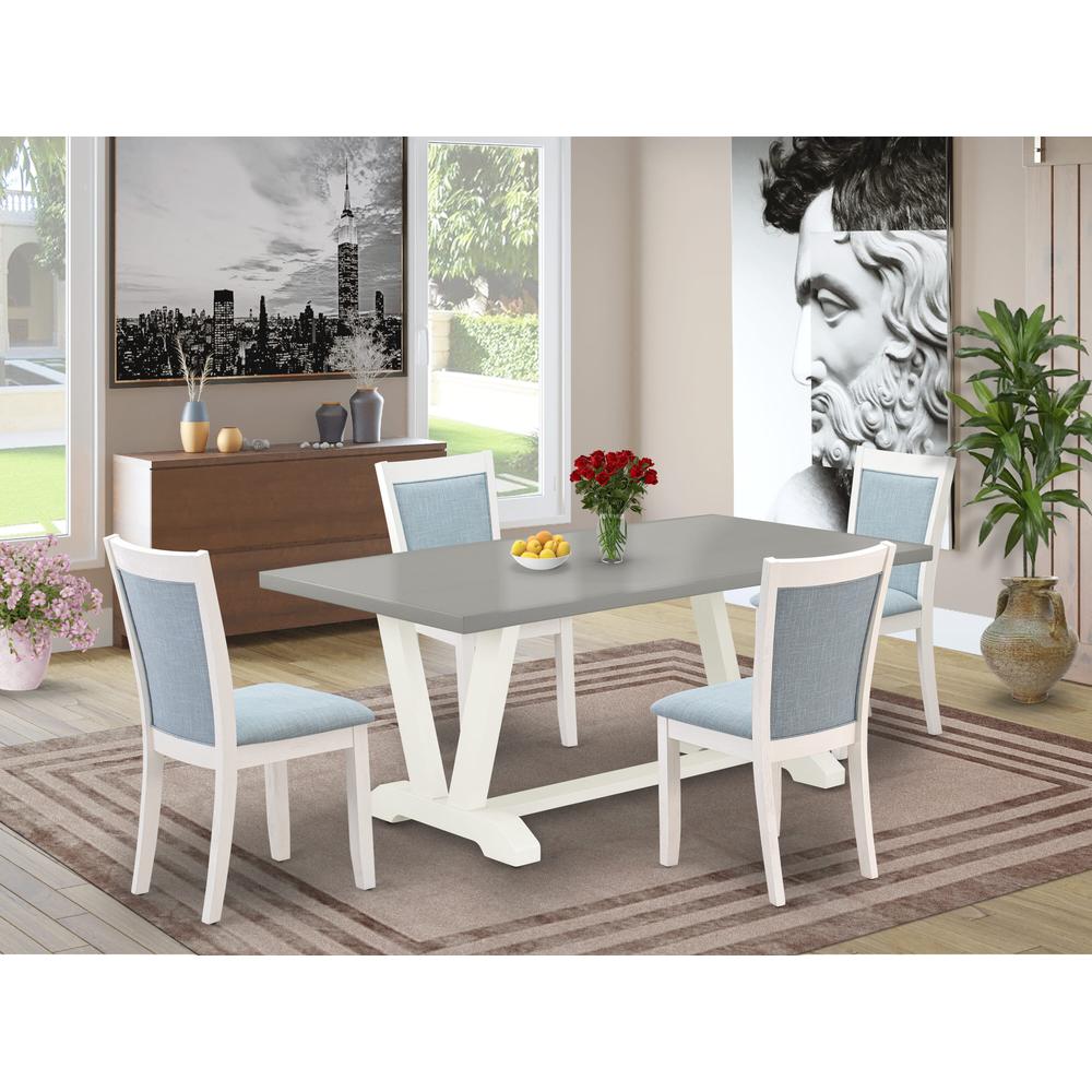 East West Furniture 5-Pc Dinner Dining Room Table Set Consists of a Wood Dining Table and 4 Baby Blue Linen Fabric Dining Room Chairs with Stylish Back - Wire Brushed Linen White Finish. Picture 2
