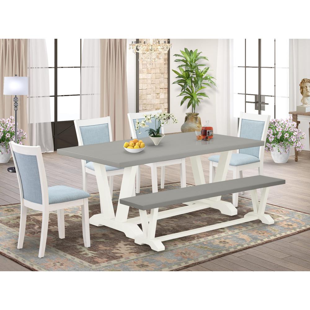 East West Furniture 6-Pc Dining Room Table Set Consists of a Kitchen Table - 4 Baby Blue Linen Fabric Parson Chairs with Stylish Back and a Wooden Bench - Wire Brushed Linen White Finish. Picture 2