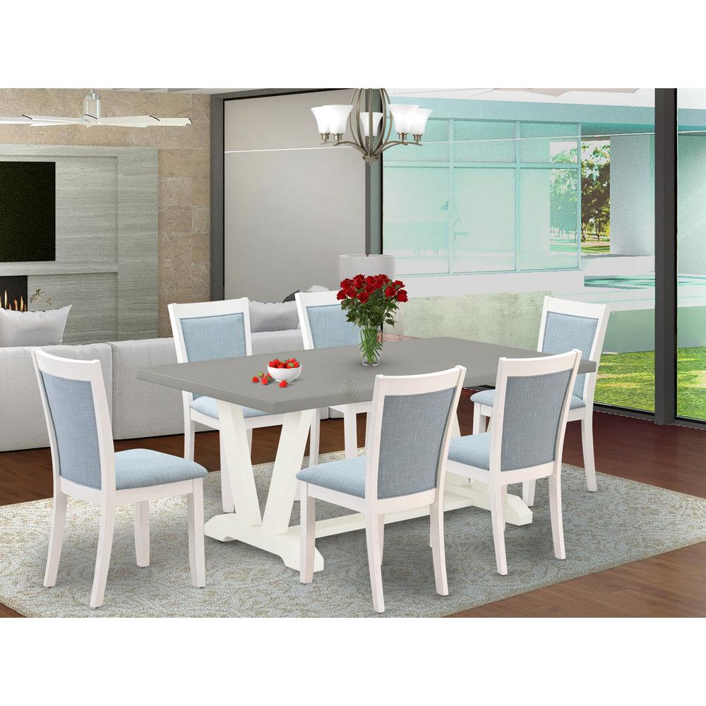 East West Furniture 7-Pc Dining Table Set Consists of a Modern Dining Table and 6 Baby Blue Linen Fabric Dining Chairs with Stylish Back - Wire Brushed Linen White Finish. Picture 2