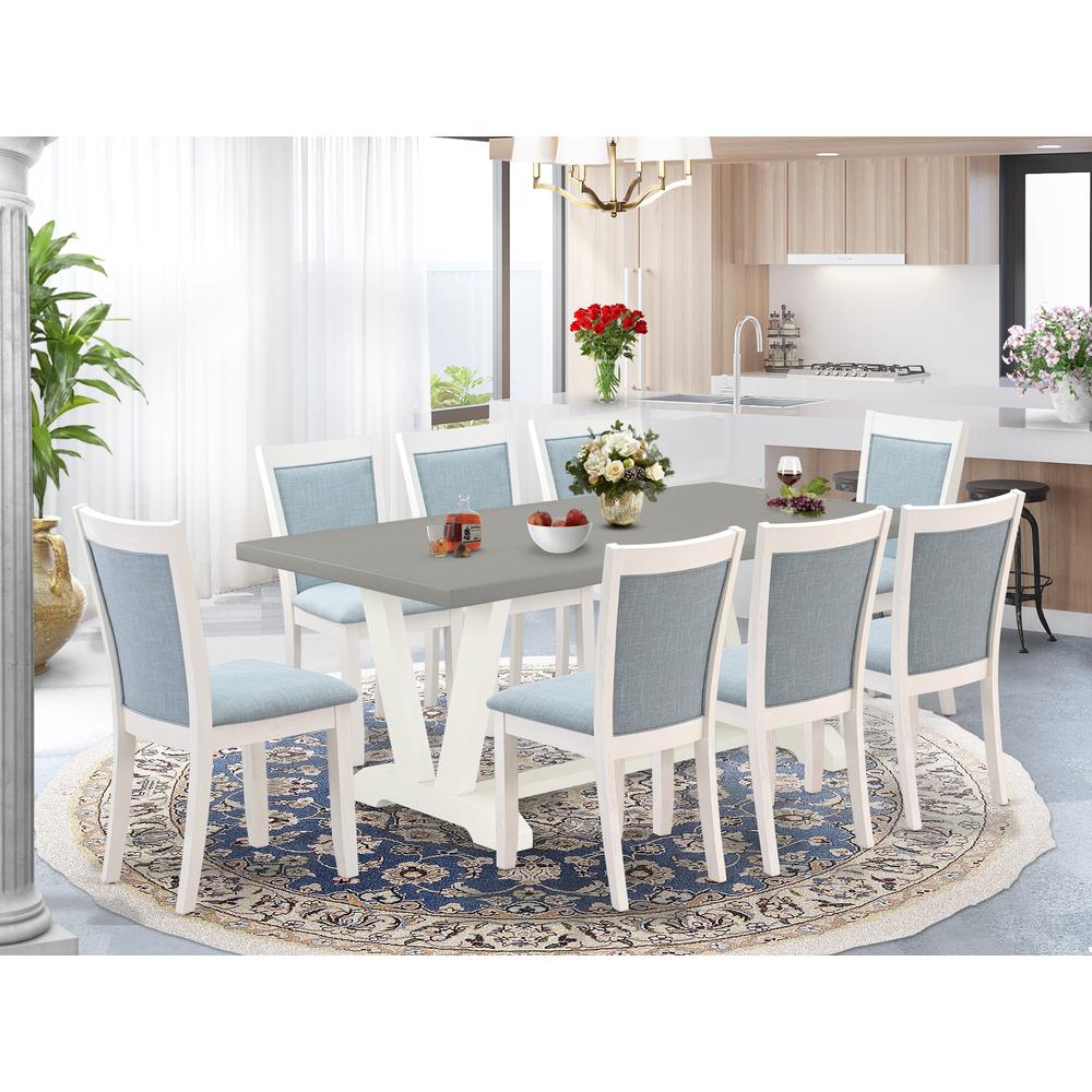 East West Furniture 9-Pc Kitchen Table Set Consists of a Dining Table and 8 Baby Blue Linen Fabric Dining Room Chairs with Stylish Back - Wire Brushed Linen White Finish. Picture 2
