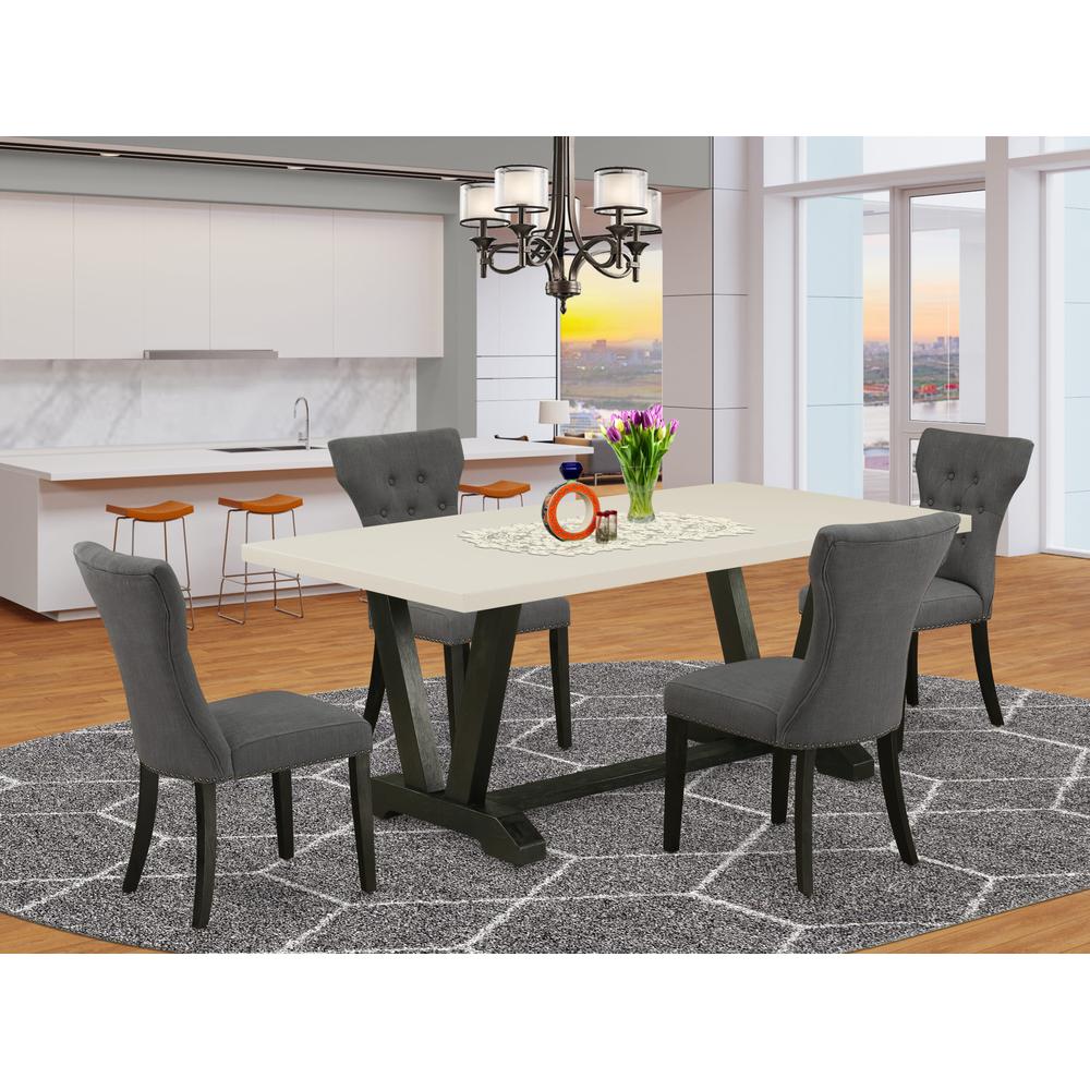 V626GA650-5 5-Pc Dining Table Set Included 4 Parson chairs Upholstered Seat and High Button Tufted Chair Back and Rectangular Table with Linen White Dining Table top (Black Finish). Picture 2