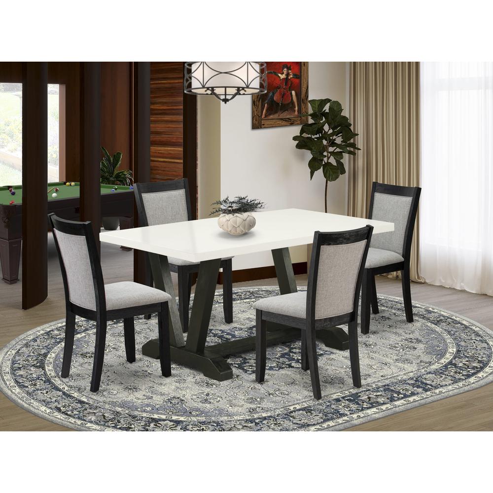 V626MZ606-5 5 Piece Table Set - Linen White Kitchen Table with 4 Shitake Linen Fabric Parson Chairs - Wire Brushed Black Finish. Picture 2