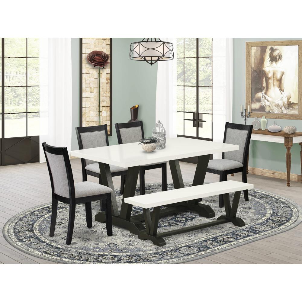 V626MZ606-6 6 Pc Dinette Set - Linen White Dining Table with a Small Wood Bench and 4 Shitake Chairs - Wire Brushed Black Finish. Picture 2