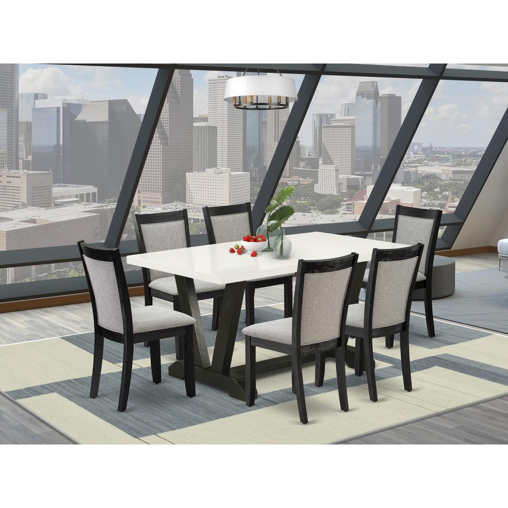 V626MZ606-7 7 Pc Dinner Table Set - Linen White Dining Table with 6 Shitake Wooden Dining Chairs - Wire Brushed Black Finish. Picture 2