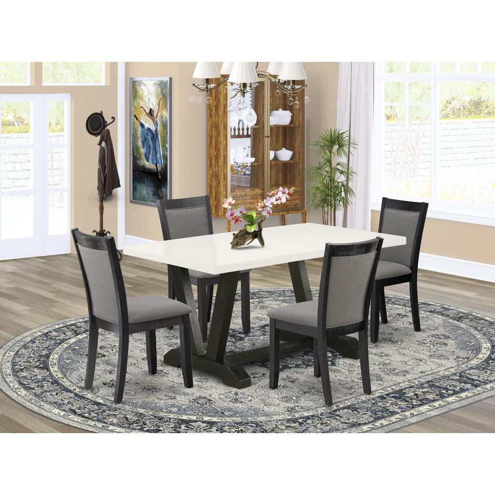 V626MZ650-5 5 Piece Dining Set - Linen White Table with 4 Dark Gotham Grey Linen Fabric dinning chairs - Wire Brushed Black Finish. Picture 2