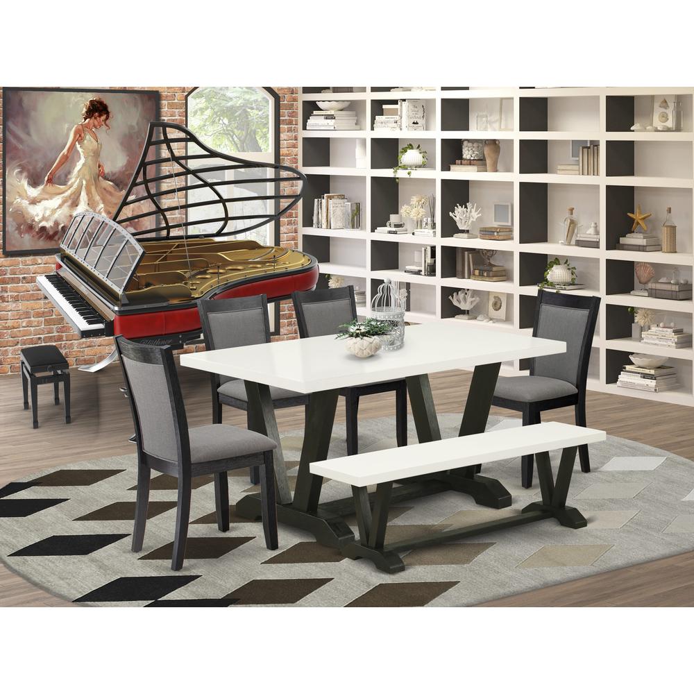 V626MZ650-6 6 Pc Dinette Set - Linen White Table with Dining Room Bench and 4 Dark Gotham Grey Chairs - Wire Brushed Black Finish. Picture 2