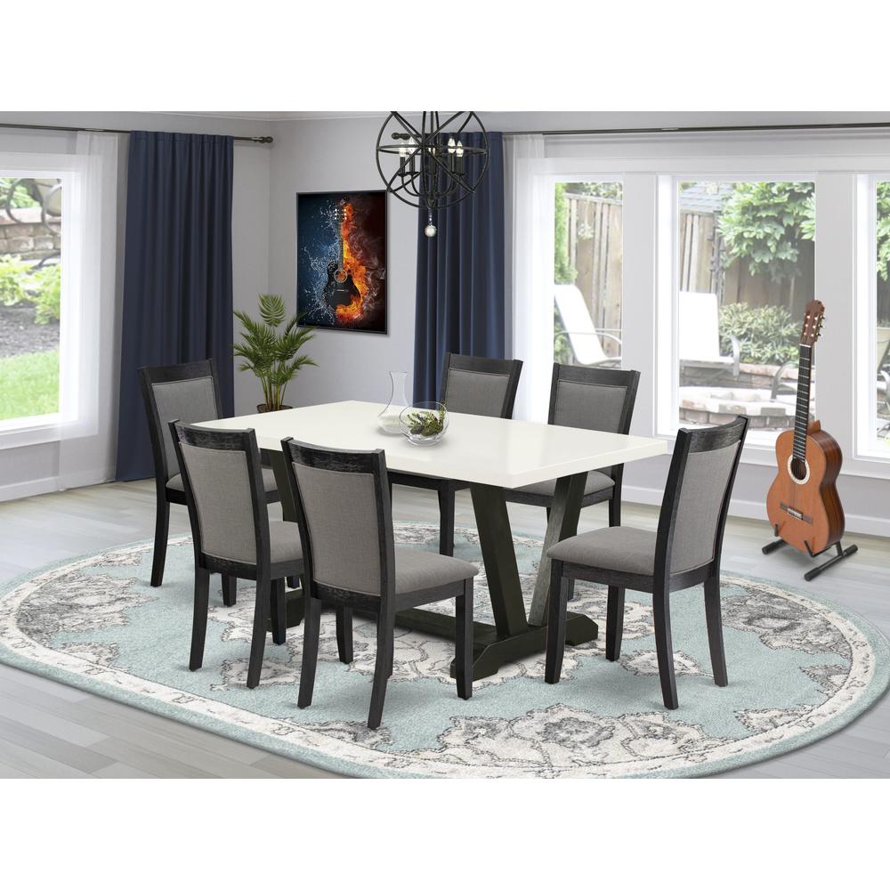 V626MZ650-7 7 Pc Table Set - Linen White Dinner Table with 6 Dark Gotham Grey Parson Chairs - Wire Brushed Black Finish. Picture 2