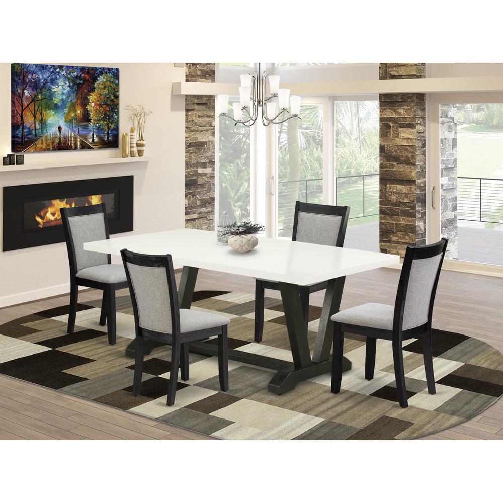 V627MZ606-5 5 Pc Dining Table Set - Linen White Dining Table with 4 Shitake Linen Fabric Parson Chairs - Wire Brushed Black Finish. Picture 2