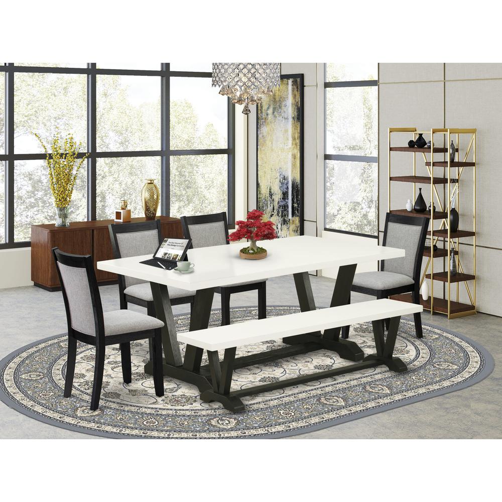 V627MZ606-6 6 Pc Kitchen Table Set - Linen White Table with Bench and 4 Shitake Dining Chairs - Wire Brushed Black Finish. Picture 2