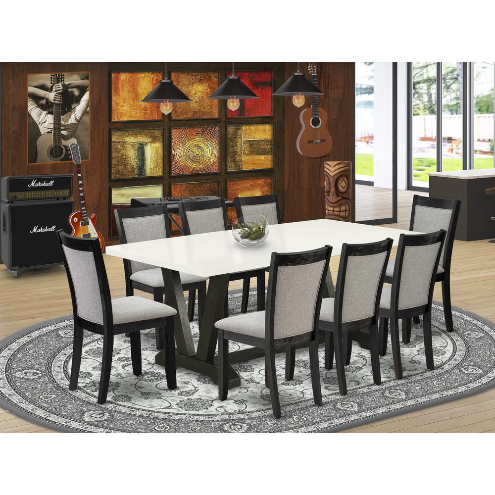 V627MZ606-9 9 Pc Dining Set - Linen White Dining Table with 8 Shitake Dining Room Chairs - Wire Brushed Black Finish. Picture 2