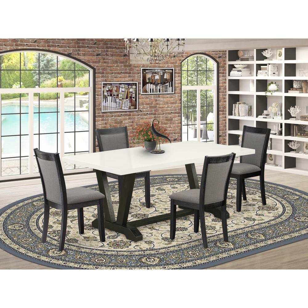 V627MZ650-5 5 Pc Table Set - Linen White Dining Table with 4 Dark Gotham Grey Linen Fabric Chairs - Wire Brushed Black Finish. Picture 2