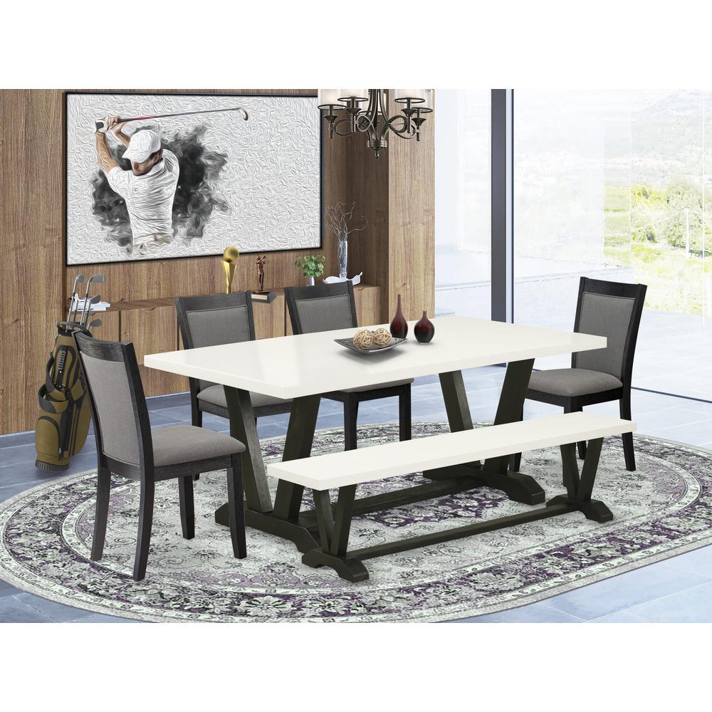 V627MZ650-6 6 Pc Table Set - Linen White Dining Table with Rustic Bench and 4 Dark Gotham Grey Chairs - Wire Brushed Black Finish. Picture 2