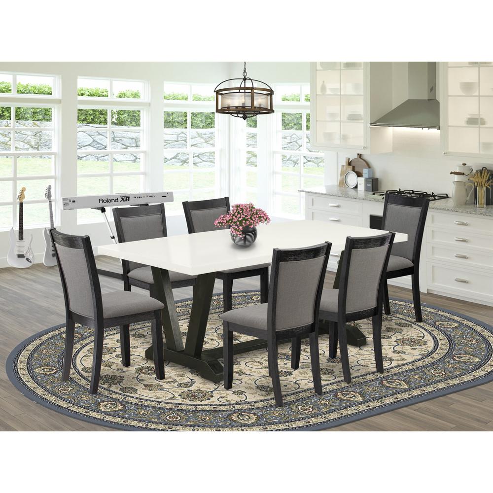V627MZ650-7 7 Piece Kitchen Table Set - Linen White Dinner Table with 6 Dark Gotham Grey Dining Chairs - Wire Brushed Black Finish. Picture 2