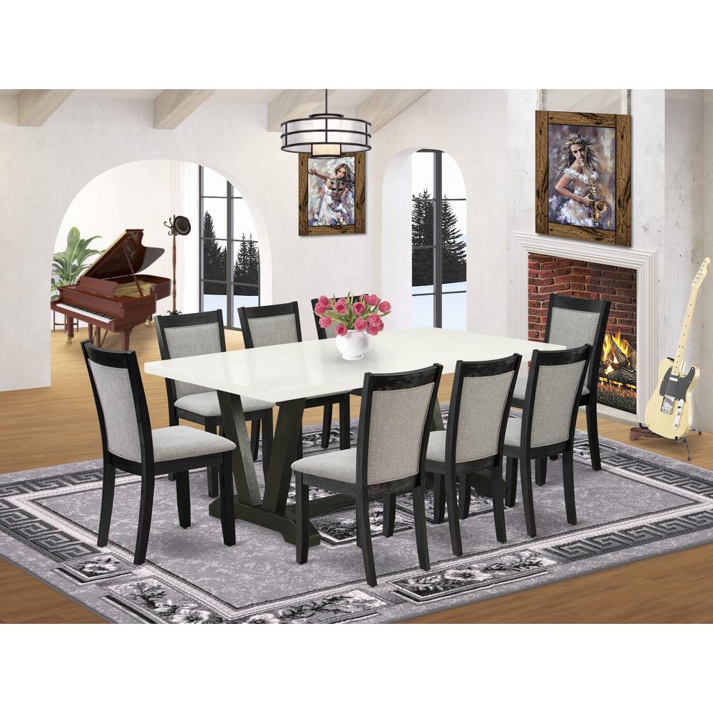 V627MZ650-9 9 Pc Table Set - Linen White Dinner Table with 8 Dark Gotham Grey Dinning Chairs - Wire Brushed Black Finish. Picture 2