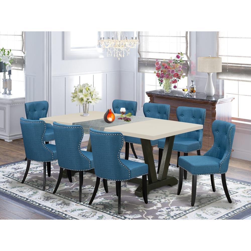 East West Furniture 9-Piece Dinette Room Set- 8 Parson dining room chairs with Blue Linen Fabric Seat and Button Tufted Chair Back - Rectangular Table top & Wooden Legs - Linen White and Black Finish. Picture 2