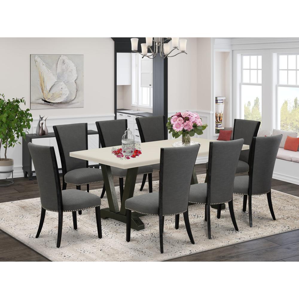 East West Furniture 9 Piece Dining Room Table Set Includes a Linen White Dining Room Table and 8 Dark Gotham Grey Linen Fabric Dining Chairs with High Back - Wire Brushed Black Finish. Picture 2