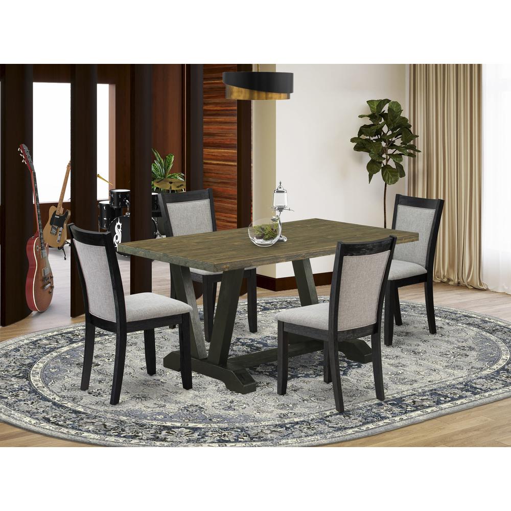 V676MZ606-5 5 Piece Kitchen Table Set - Distressed Jacobean Dining Room Table with 4 Shitake Chairs - Wire Brushed Black Finish. Picture 2