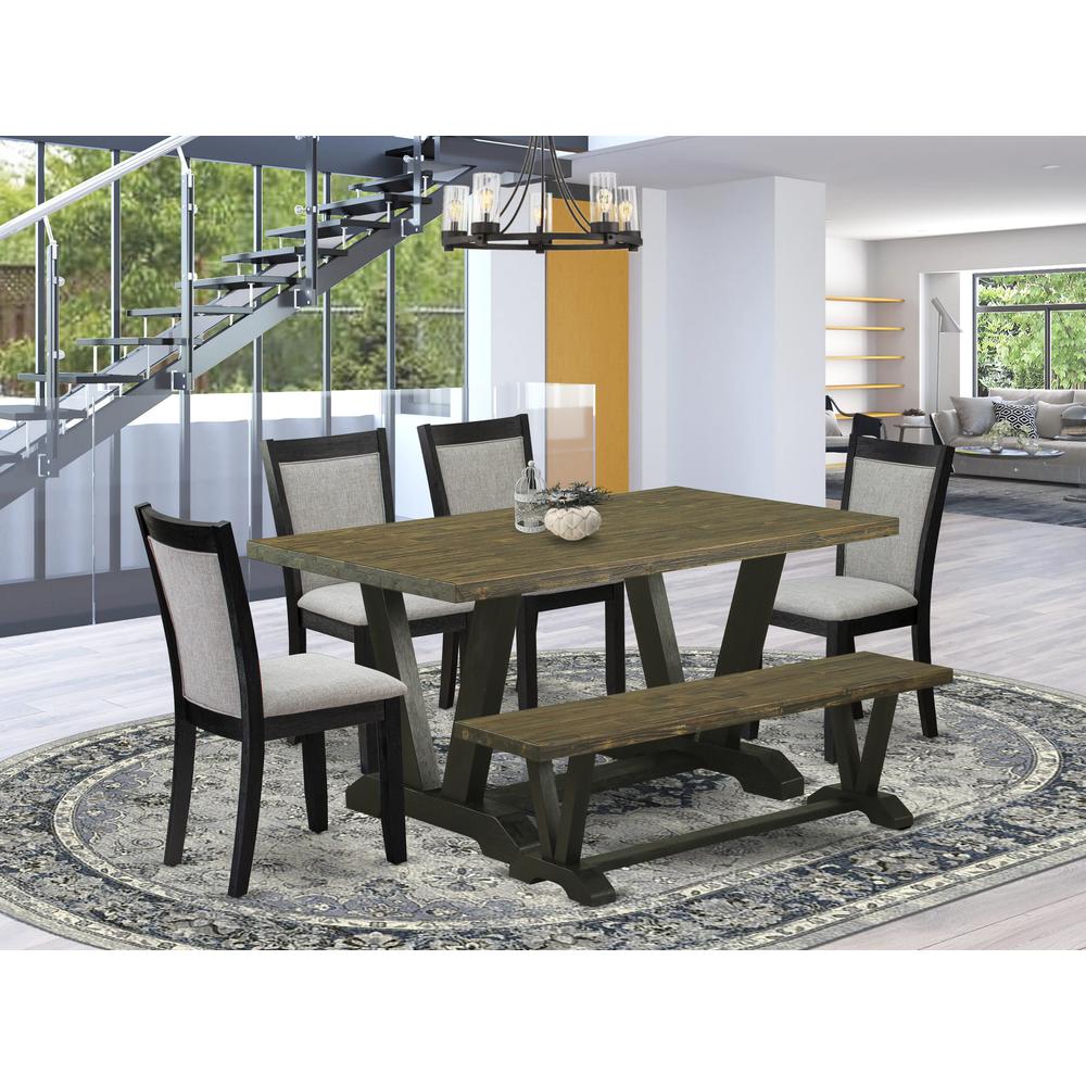 V676MZ606-6 6 Pc Dining Table Set - Distressed Jacobean Dinner Table with a Bench and 4 Shitake Chairs - Wire Brushed Black Finish. Picture 2