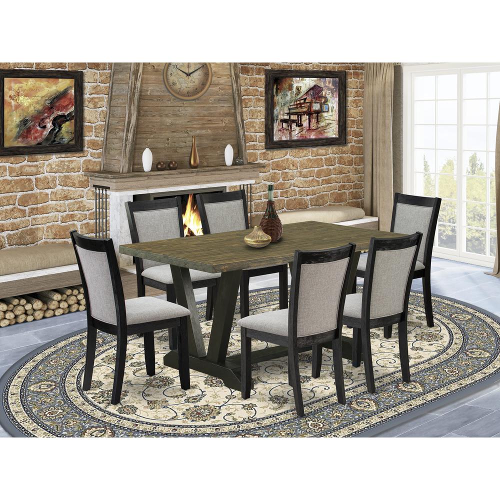 V676MZ606-7 7 Pc Dinette Set - Distressed Jacobean Wood Table with 6 Shitake Kitchen Chairs - Wire Brushed Black Finish. Picture 2