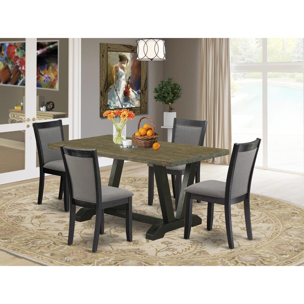 V676MZ650-5 5 Piece Dining Set - Distressed Jacobean Table with 4 Dark Gotham Grey Linen Fabric Chairs - Wire Brushed Black Finish. Picture 2