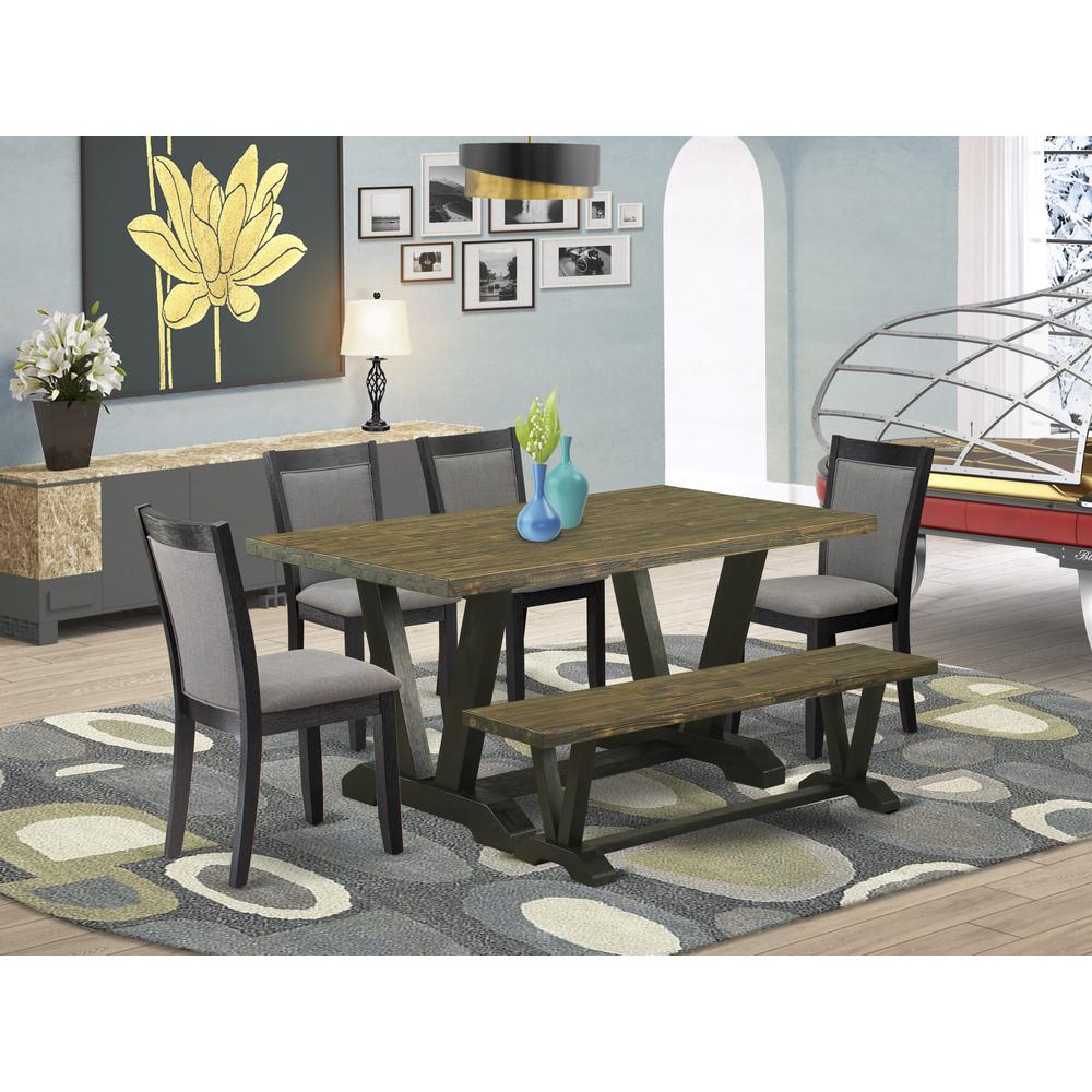V676MZ650-6 6 Pc Dining Set - Distressed Jacobean Table with Bench and 4 Dark Gotham Grey Chairs - Wire Brushed Black Finish. Picture 2