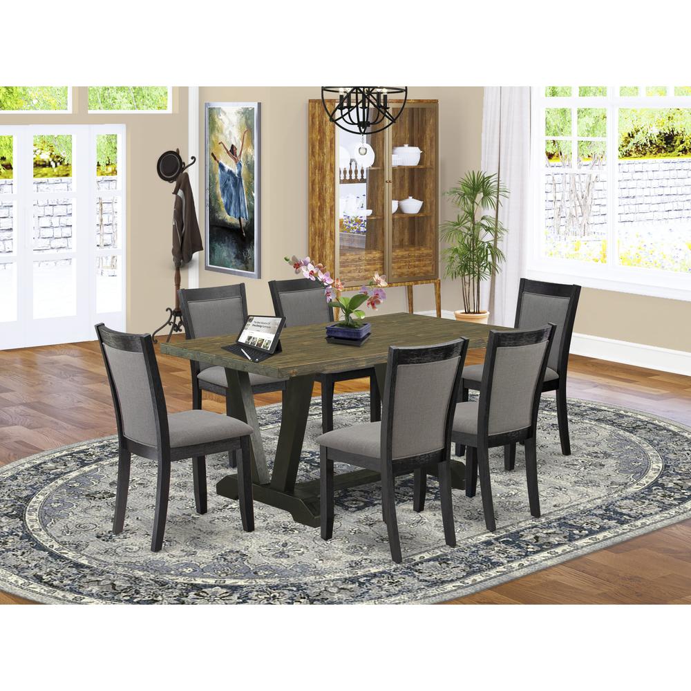 V676MZ650-7 7 Pc Dinette Set - Distressed Jacobean Table with 6 Dark Gotham Grey Linen Fabric Chairs - Wire Brushed Black Finish. Picture 2