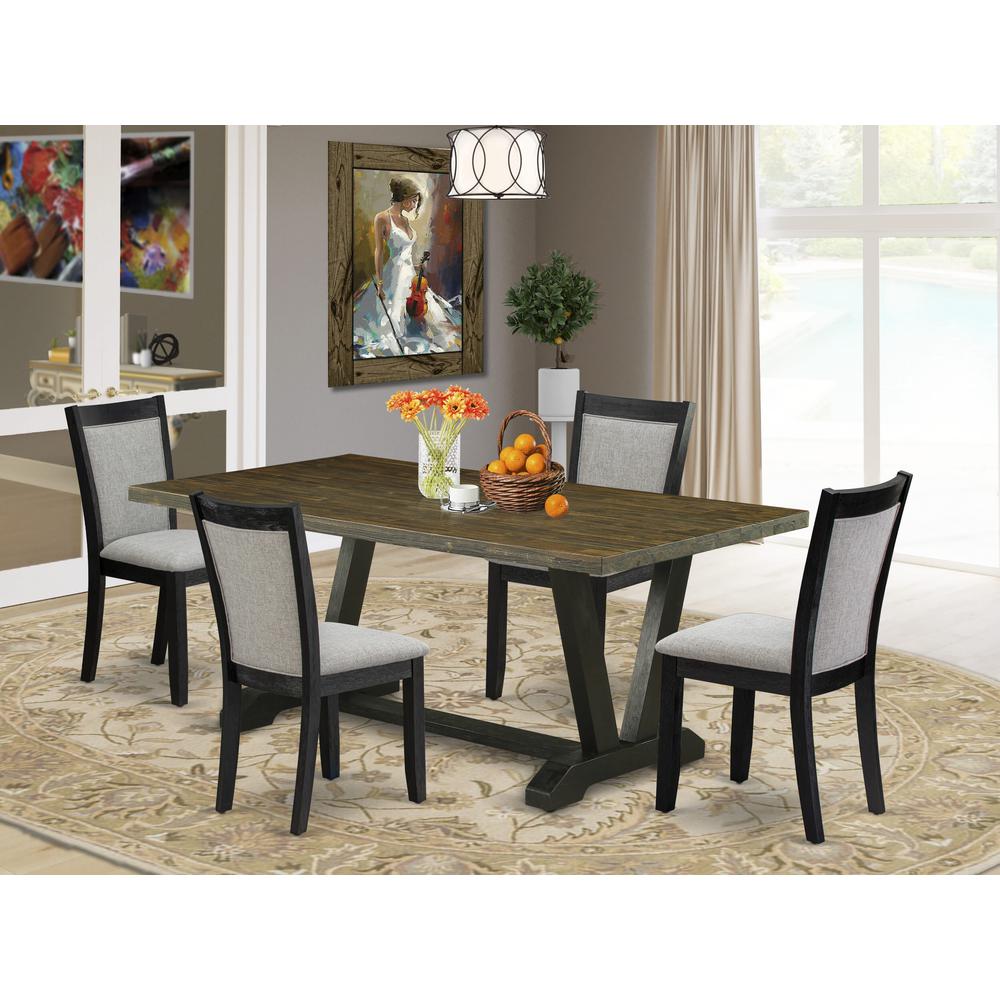 East West Furniture 5 Piece Kitchen Dining Table Set - A Distressed Jacobean Top Wood Table with Trestle Base and 4 Shitake Linen Fabric Modern Dining Chairs - Wire Brushed Black Finish. Picture 2