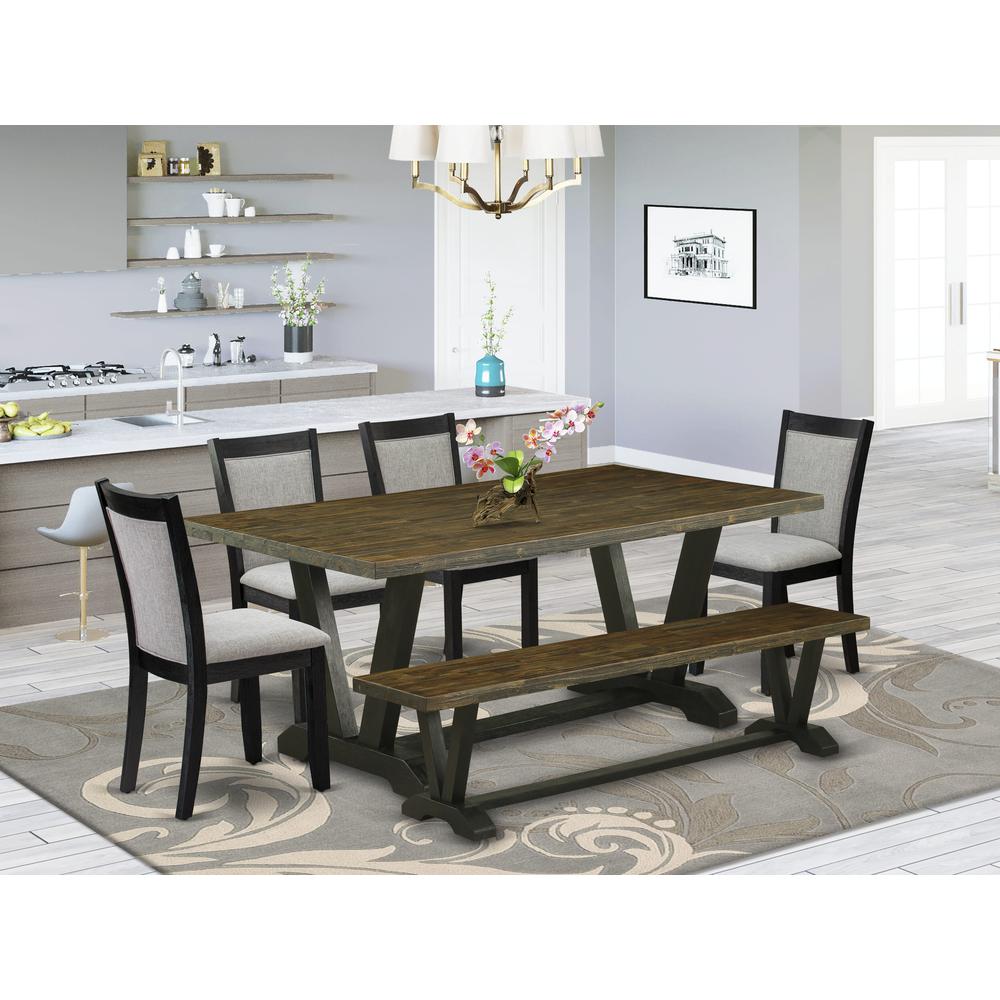 East West Furniture 6 Pc Dining Table Set - Distressed Jacobean Top Dinner Table with a Bench and 4 Shitake Linen Fabric Parson Chairs - Wire Brushed Black Finish. Picture 2