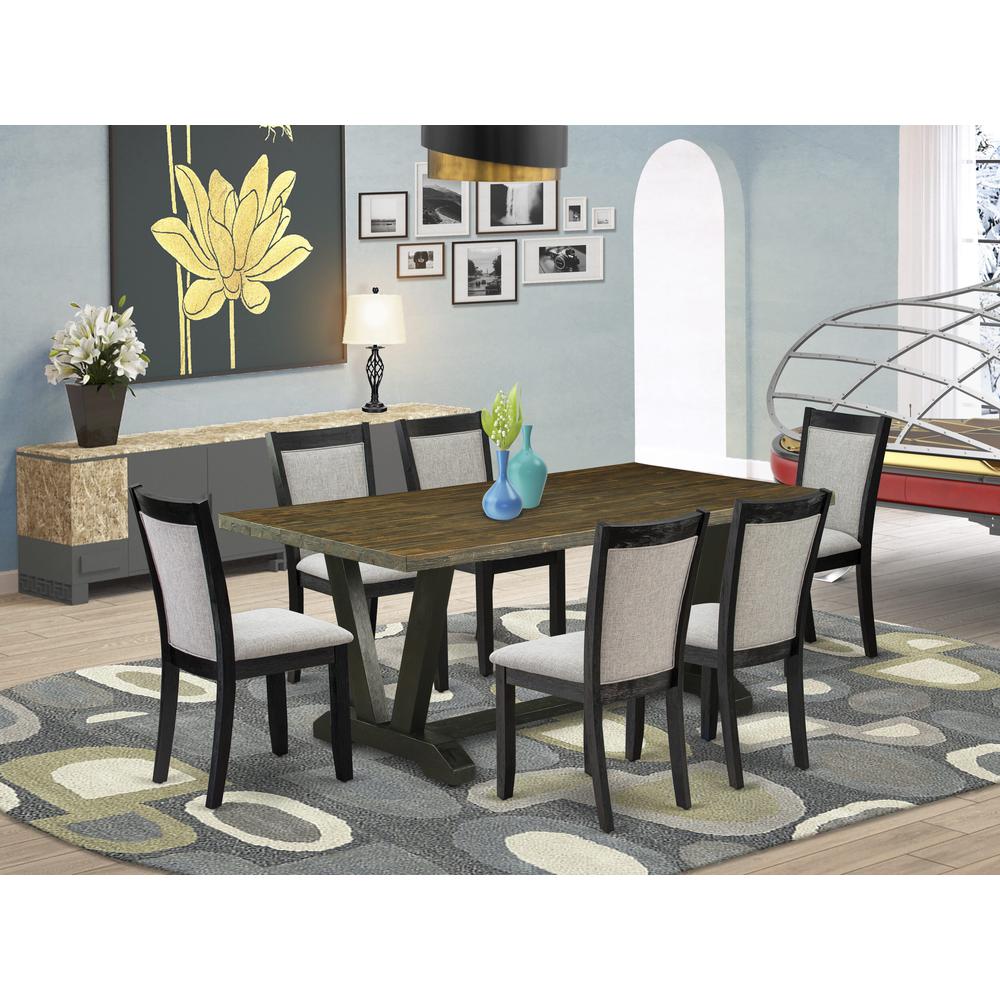 East West Furniture 7 Piece Mid Century Dining Set - Distressed Jacobean Top Dining Room Table with Trestle Base and 6 Shitake Linen Fabric Dining Chairs - Wire Brushed Black Finish. Picture 2