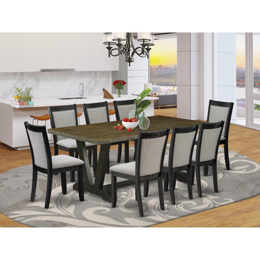 East West Furniture 9 Piece Kitchen Table Set - A Distressed Jacobean Top Wood Table with Trestle Base and 8 Shitake Linen Fabric Modern Dining Chairs - Wire Brushed Black Finish. Picture 2