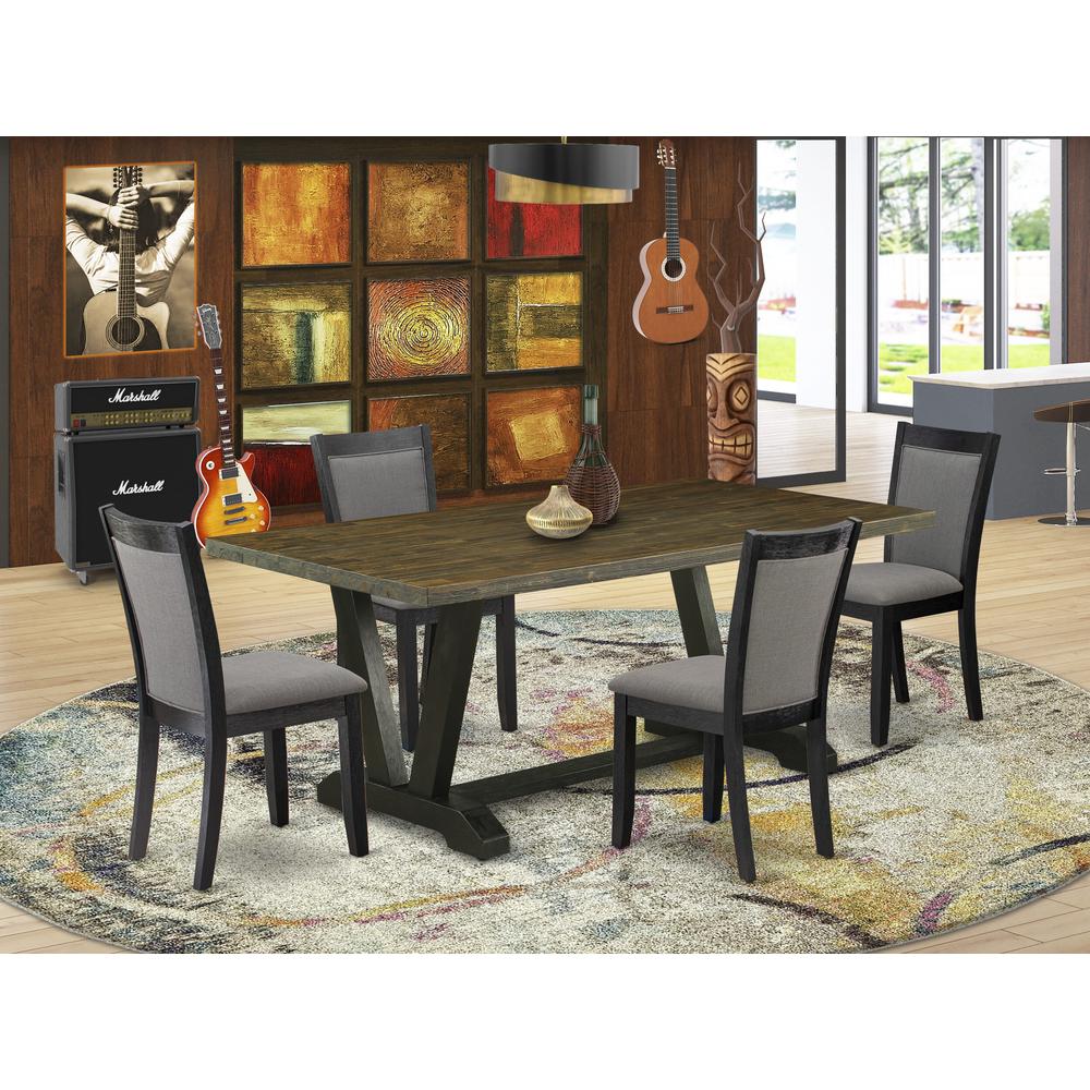 East West Furniture 5 Pc Dinner Table Set - Distressed Jacobean Top Dining Table with Trestle Base and 4 Dark Gotham Grey Linen Fabric Parson Chairs - Wire Brushed Black Finish. Picture 2