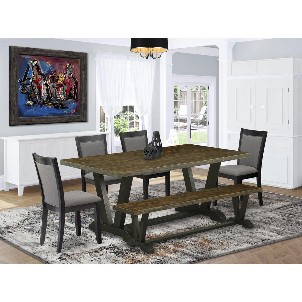 East West Furniture 6 Piece Table Set - A Distressed Jacobean Top Dining Room Table with a Bench and 4 Dark Gotham Grey Linen Fabric Padded Dining Chairs - Wire Brushed Black Finish. Picture 2