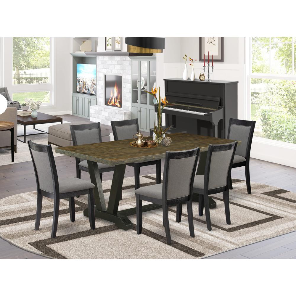 East West Furniture 7 Pc Dining Table Set - Distressed Jacobean Top Dining Table with Trestle Base and 6 Dark Gotham Grey Linen Fabric Dining Chairs - Wire Brushed Black Finish. Picture 2