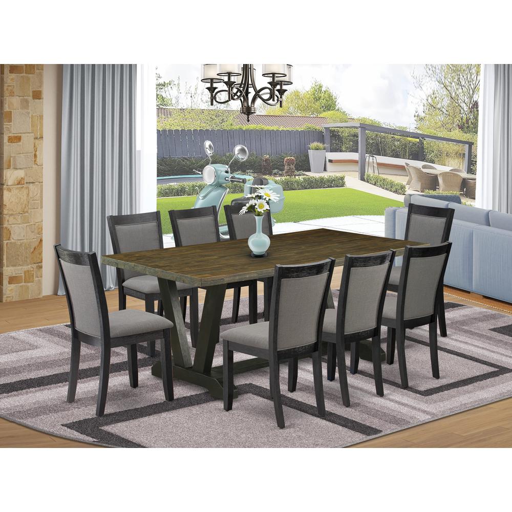 East West Furniture 9 Piece Table Set - Distressed Jacobean Top Wood Table with Trestle Base and 8 Dark Gotham Grey Linen Fabric Parson Chairs - Wire Brushed Black Finish. Picture 2