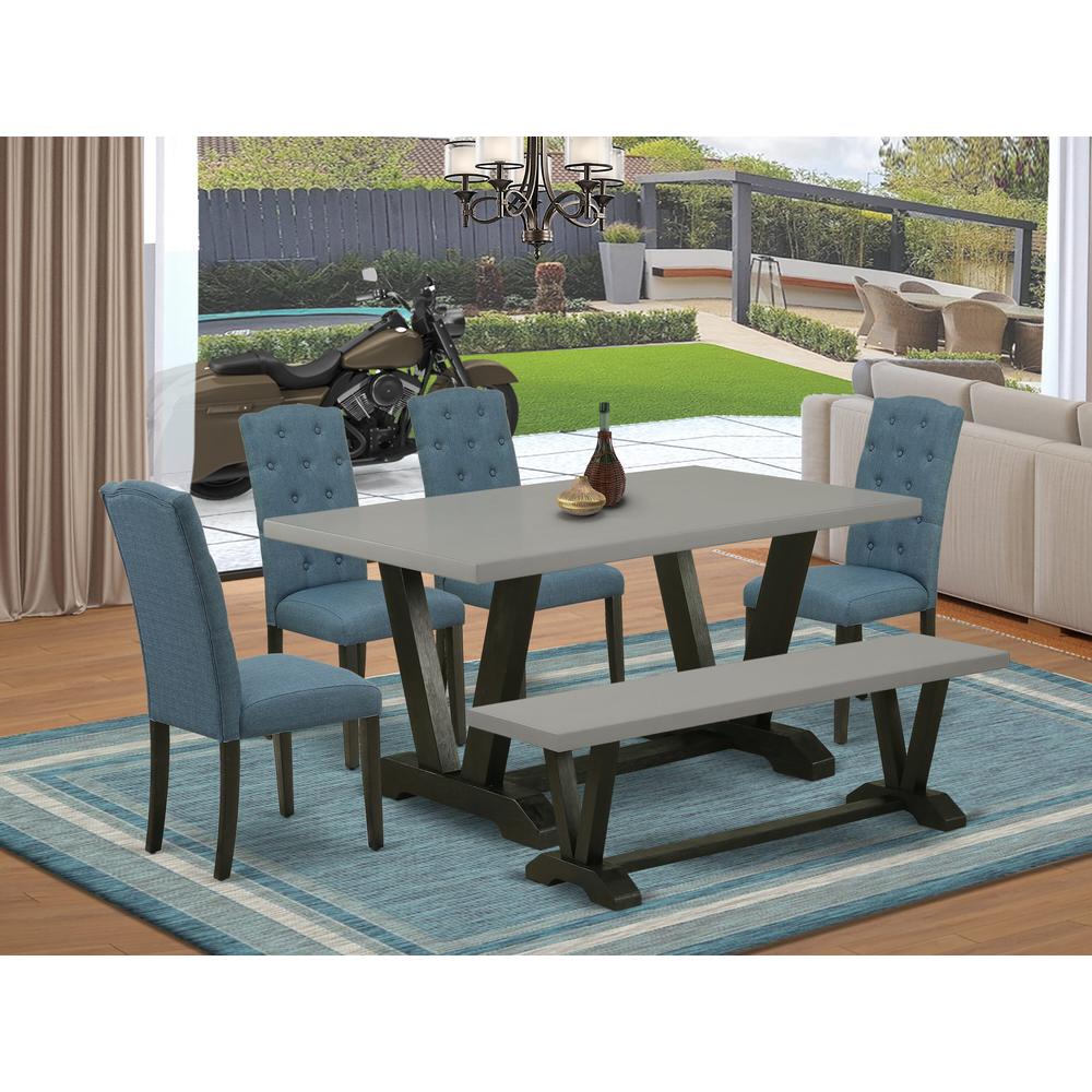 East West Furniture 6 Pc Table Set Consists of a Cement Kitchen Table and a Dining Room Bench, 4 Blue Linen Fabric Modern Dining Chairs with Button Tufted Back - Wire Brushed Black Finish. Picture 2