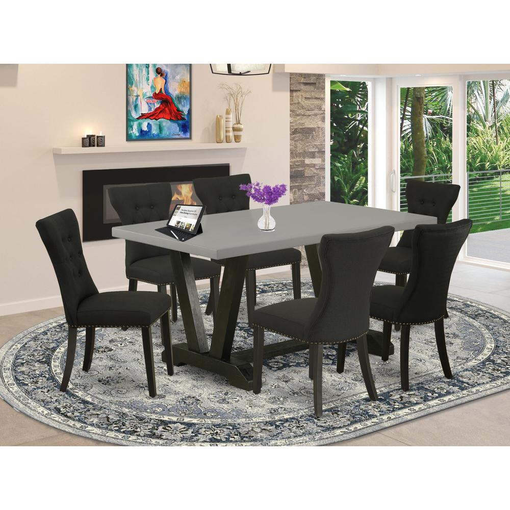 East West Furniture 7 Piece Dining Room Table Set Consists of a Cement Wood Dining Table and 6 Black Linen Fabric Modern Dining Chairs with Button Tufted Back - Wire Brushed Black Finish. Picture 2