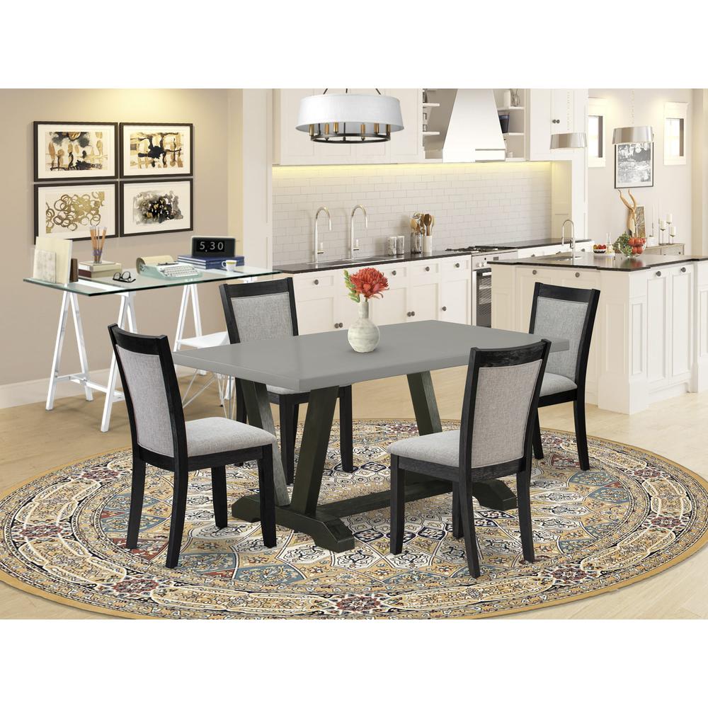East West Furniture 5 Piece Dining Table Set - A Cement Top Modern Dining Table with Trestle Base and 4 Shitake Linen Fabric Dining Chairs - Wire Brushed Black Finish. Picture 2