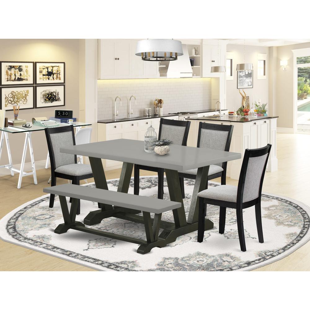 East West Furniture 6 Pc Kitchen Table Set - A Cement Top Dining Room Table with Wooden Bench and 4 Shitake Linen Fabric Upholstered Parson Chairs - Wire Brushed Black Finish. Picture 2