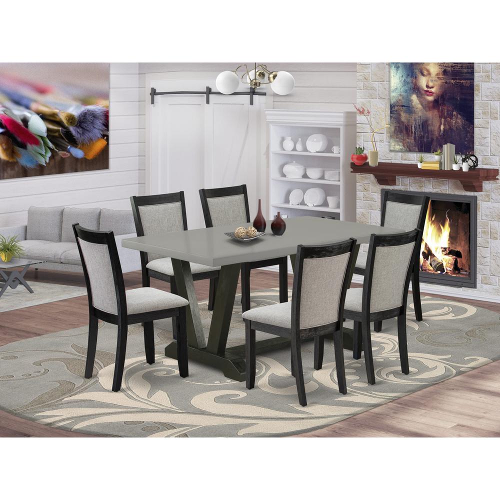 East West Furniture 7 Piece Kitchen Dining Table Set - A Cement Top Modern Dining Table with Trestle Base and 6 Shitake Linen Fabric Upholstered Dining Chairs - Wire Brushed Black Finish. Picture 2