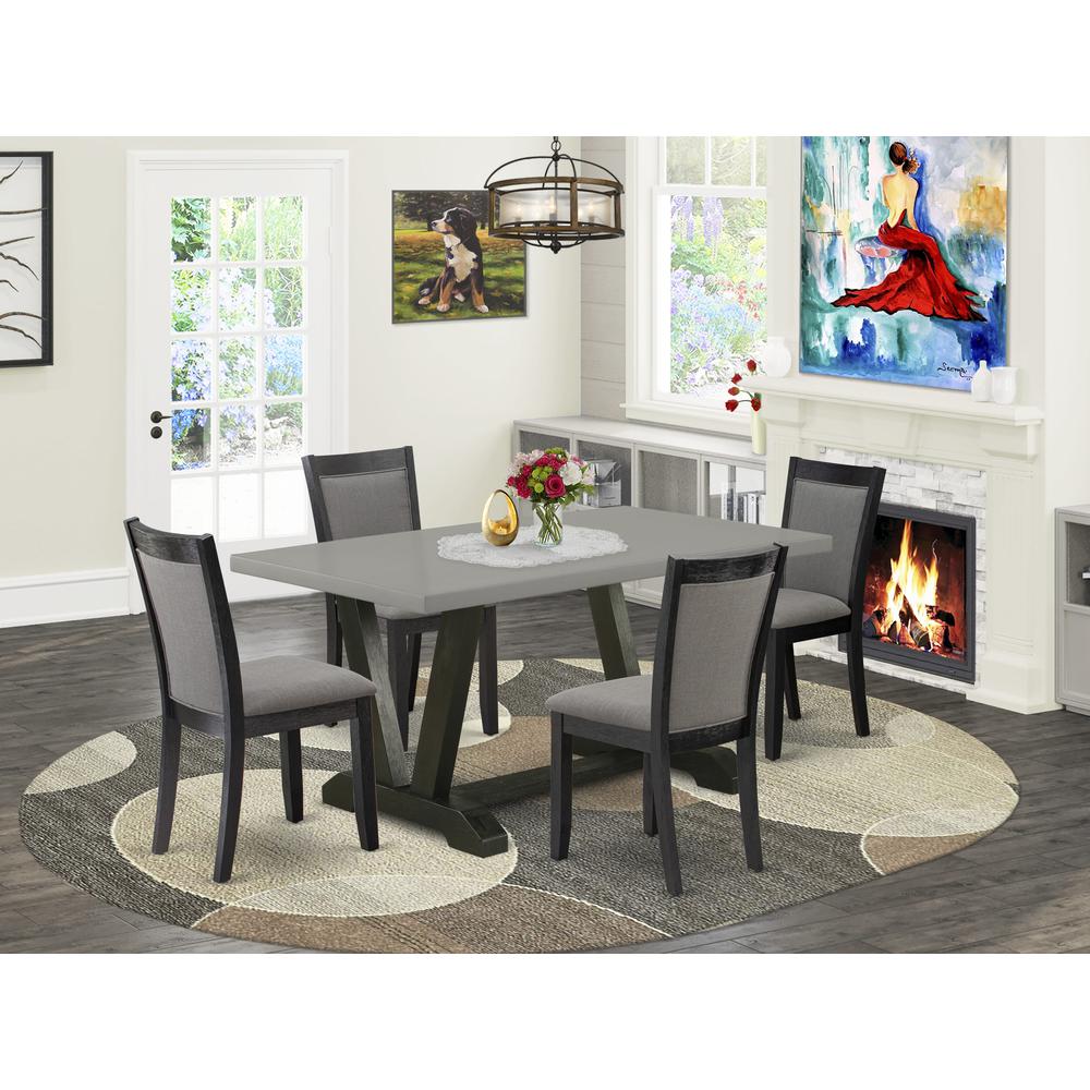 East West Furniture 5 Piece Kitchen Dining Table Set - A Cement Top Wood Dining Table with Trestle Base and 4 Dark Gotham Grey Linen Fabric Parson Chairs - Wire Brushed Black Finish. Picture 2