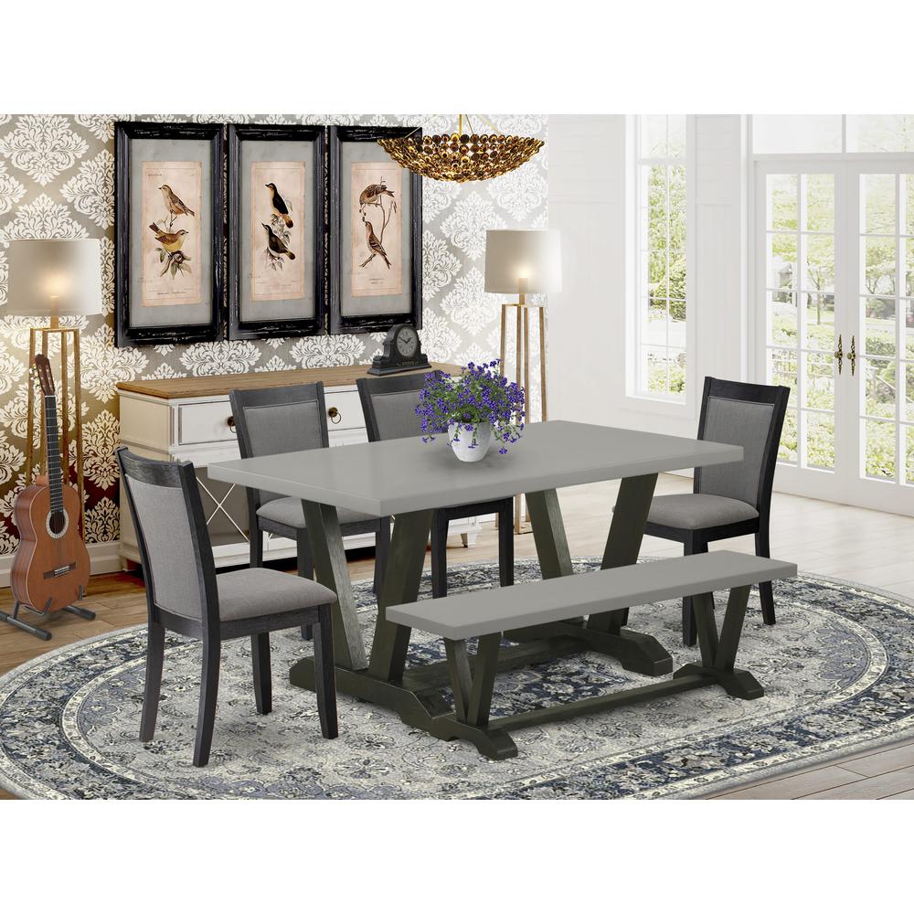 East West Furniture 6 Piece Dinner Table Set - A Cement Top Wooden Dining Table with a Small Bench and 4 Dark Gotham Grey Linen Fabric Upholstered Kitchen Chairs - Wire Brushed Black Finish. Picture 2