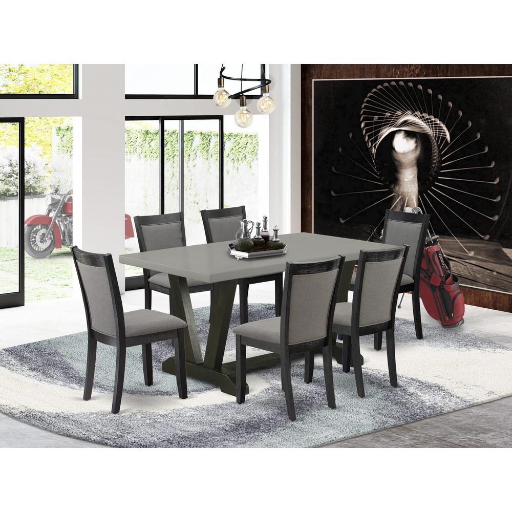 East West Furniture 7 Piece Mid Century Dining Set - A Cement Top Wood Dining Table with Trestle Base and 6 Dark Gotham Grey Linen Fabric Dining Room Chairs - Wire Brushed Black Finish. Picture 2