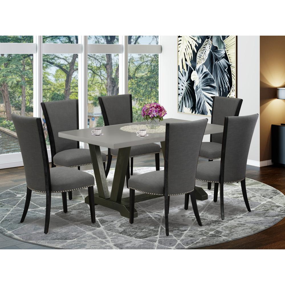 East West Furniture 7 Pc Dinner Table Set Includes a Cement Kitchen Table and 6 Dark Gotham Grey Linen Fabric Upholstered Dining Chairs with High Back - Wire Brushed Black Finish. Picture 2