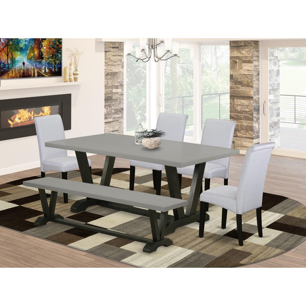 East West Furniture 6 Pc Dining Table Set Contains a Cement Mid Century Dining Table and a Modern Bench, 4 Grey Linen Fabric Parson Chairs with High Back - Wire Brushed Black Finish. Picture 2