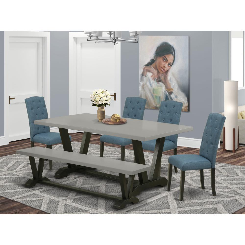 East West Furniture 6 Piece Dining Set Contains a Cement Dining Room Table and a Kitchen Bench, 4 Blue Linen Fabric Upholstered Chairs with Button Tufted Back - Wire Brushed Black Finish. Picture 2