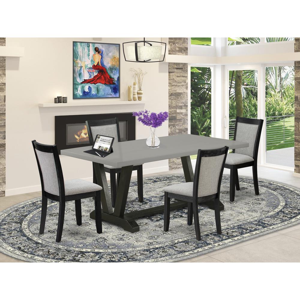 East West Furniture 5 Piece Mid Century Dining Set - Cement Top Wooden Table with Trestle Base and 4 Shitake Linen Fabric Upholstered Dining Chairs - Wire Brushed Black Finish. Picture 2