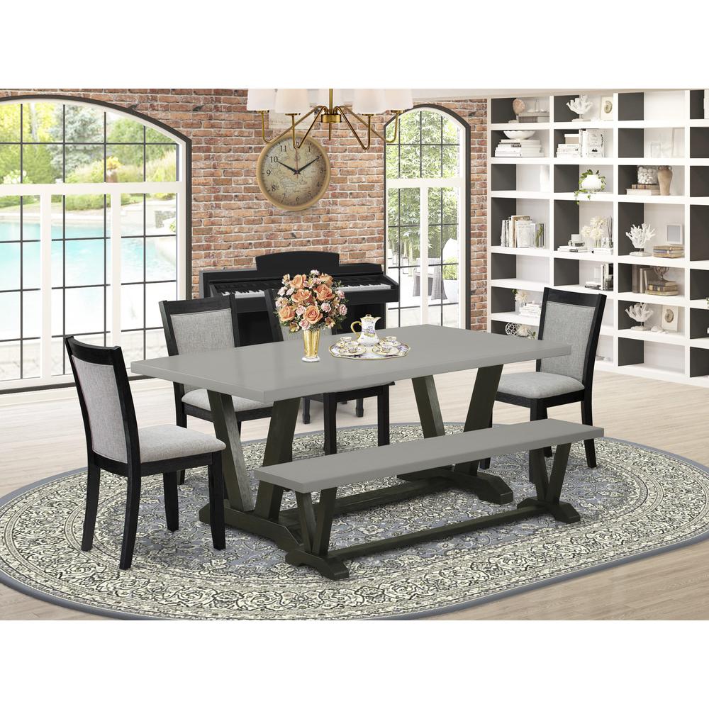 East West Furniture 6 Piece Modern Dining Set - Cement Top Dinning Table with a Kitchen Bench and 4 Shitake Linen Fabric Upholstered Parson Chairs - Wire Brushed Black Finish. Picture 2