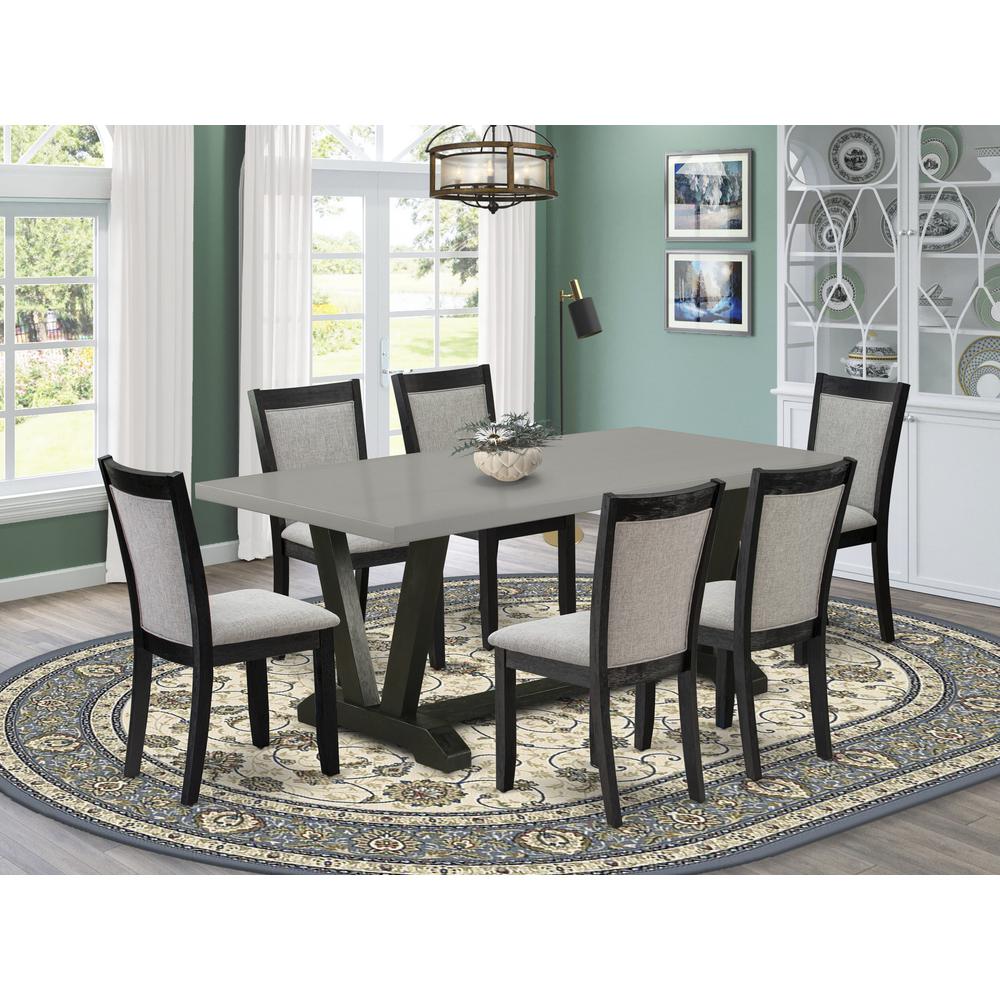 East West Furniture 7 Piece Mid Century Dining Set - Cement Top Modern Kitchen Table with Trestle Base and 6 Shitake Linen Fabric Upholstered Dining Chairs - Wire Brushed Black Finish. Picture 2